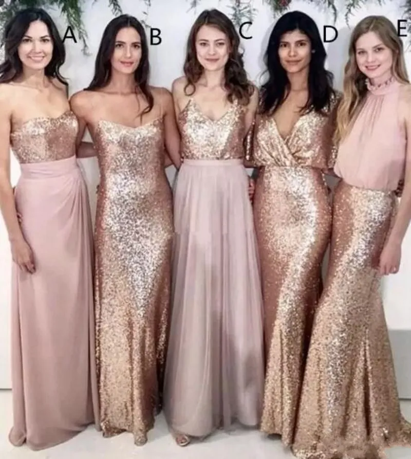 Blush Pink Beach Wedding Abiti da damigella d'onore con paillettes in oro rosa Abiti da damigella d'onore non corrispondenti 5 Stili Abiti da cerimonia per feste da donna 2018