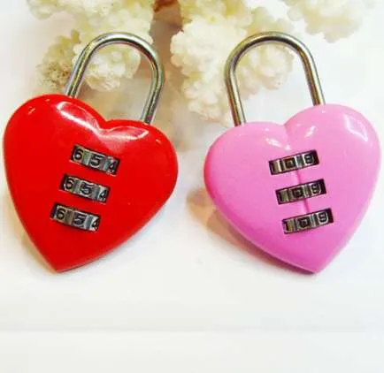 Cute Pink Red Heart Pattern Shape 3 Digit Dial Metal Code Number Password Baggage Lock