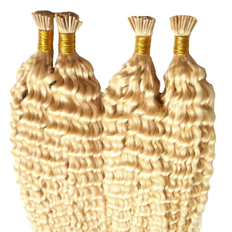 613 cheveux vierges blonds crépus bouclés I Tip Extensions de cheveux 200g / mèches cheveux vierges bouclés blonds