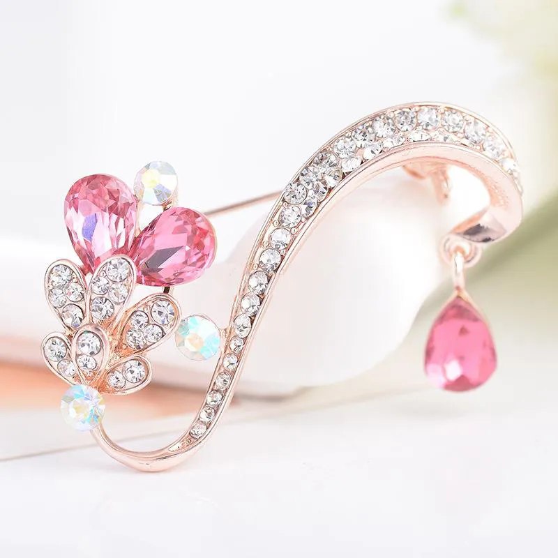 Luxurious Leaf Shape Crystal Rhinestone Metal Brooches Rose Gold Plated Brooch Pins Wedding Bridal Fashion Jewelry