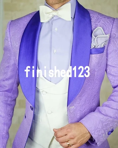 Stylish Design One Button Light purple Groom Tuxedos Shawl Lapel Groomsmen Best Man Suits Mens Wedding Suits (Jacket+Pants+Vest+Tie) NO:901