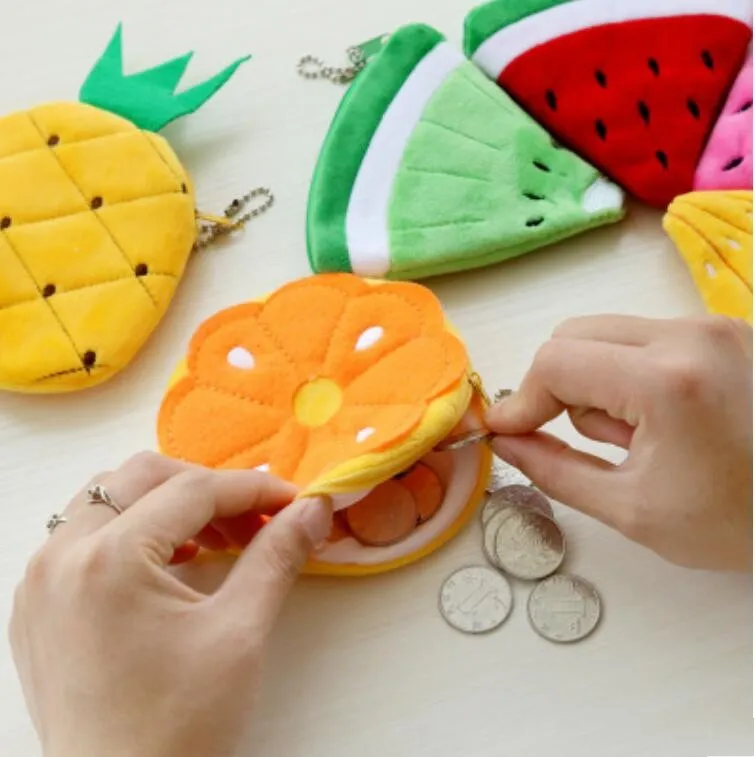 Soft Plush Watermelon Orange Fruit Women Coin Purse Mini Cute Oval Zipper Children Girl Coin Wallet USB Cable Headset Bag