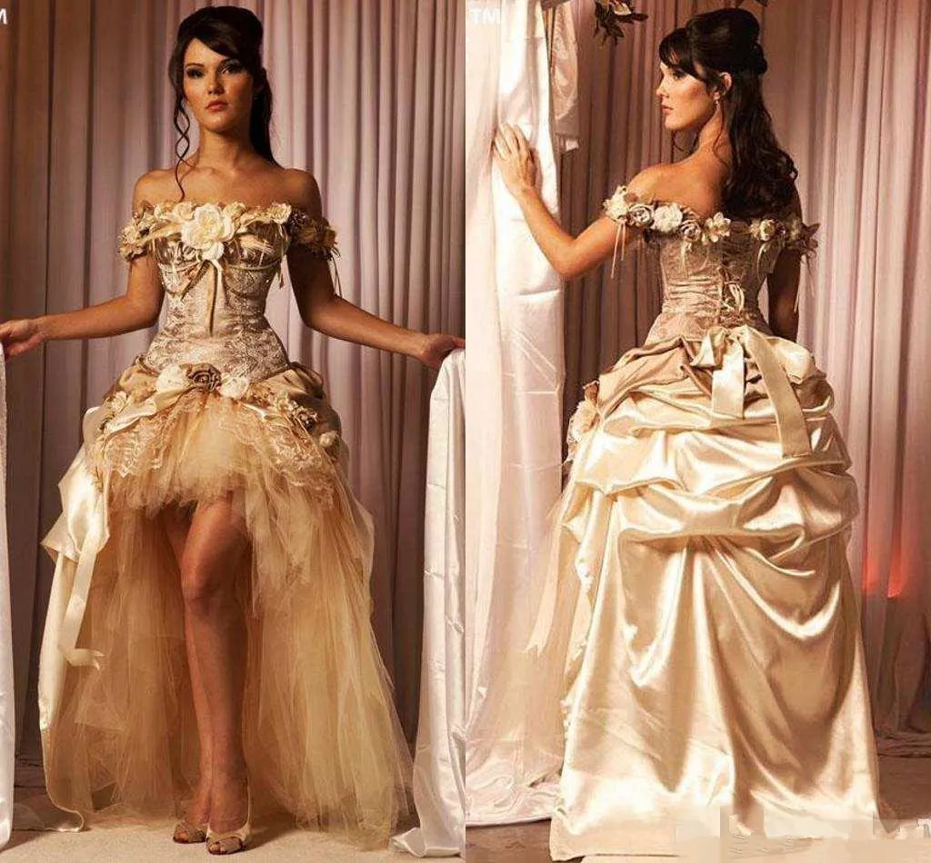 Champagne 3D Floral Lace Prom Formal Dresses Hi Low Applique