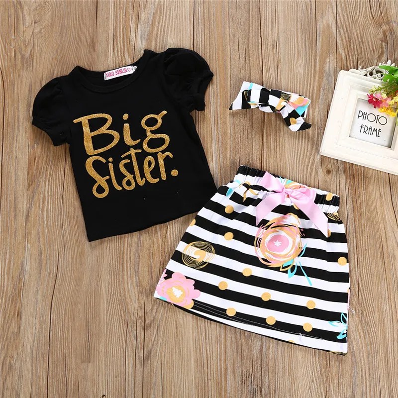 Småbarnskläder Barnkläder Barnflickor Kläder Set Big Sister T-shirt Kjol Little Sister Romper Kjol Headband Matchande Family Outfits