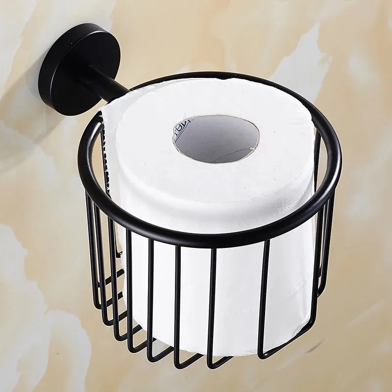 black Stainless steel Bathroom Shower Room Toilet Paper Basket Holder Round Tissue Rack Shelf Wall Mounted accessories204j