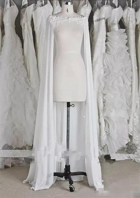 Sıcak Satış Beyaz / Fildişi Şifon Sarar Aplikler Dantel Düğün Ceket Gelin Pelerin Dantel Gelin Elbise Cape Custom Made Ucuz
