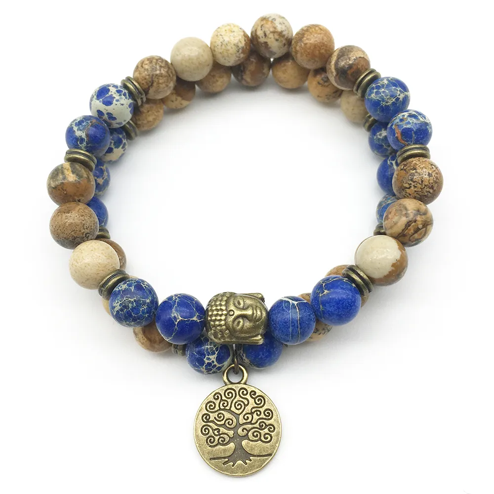 Sn1281 Trendig designer Buddha Head Armband Set Bild Jasper Mörkblå Regalite Armband Träd av liv Natursten Smycken
