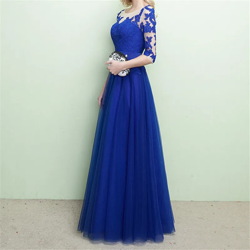 Elegant blå mor till bruden klänningar lång aftonklänning skopa ren med blommig spets halv ärmar golv längd prom klänningar