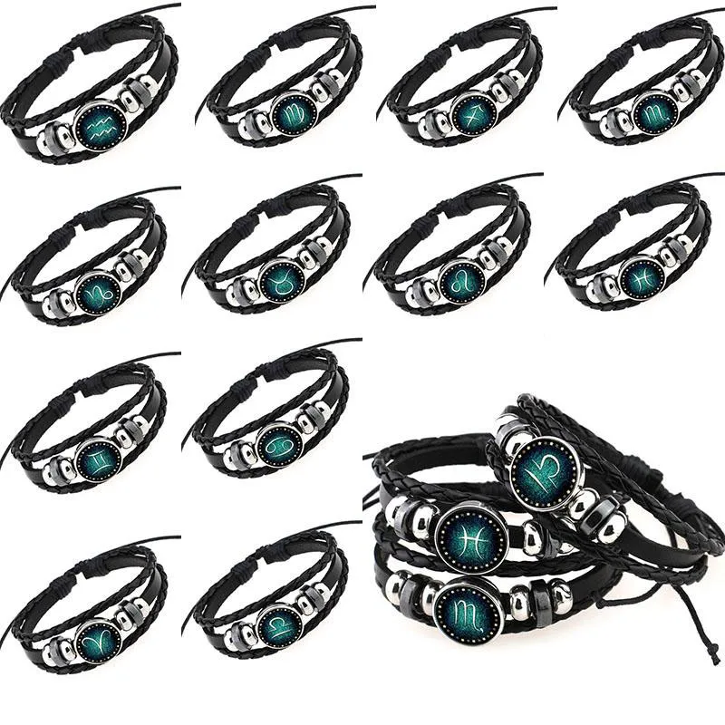 Constellation Zodiac Barcelet Weave Mehrschichtige Wickelarmbänder Armband Manschettenknöpfe für Damen Herren Glas Cabochon Schmuck