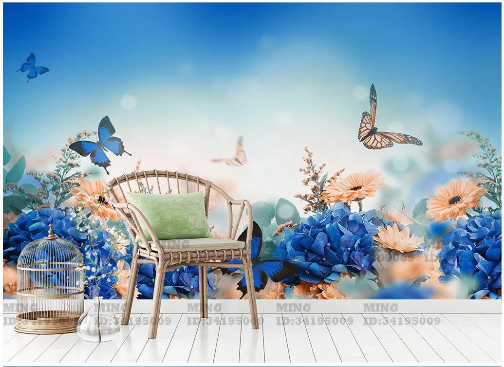3D Floral Rose Butterfly Blue Wallpaper Wall Murals Removable