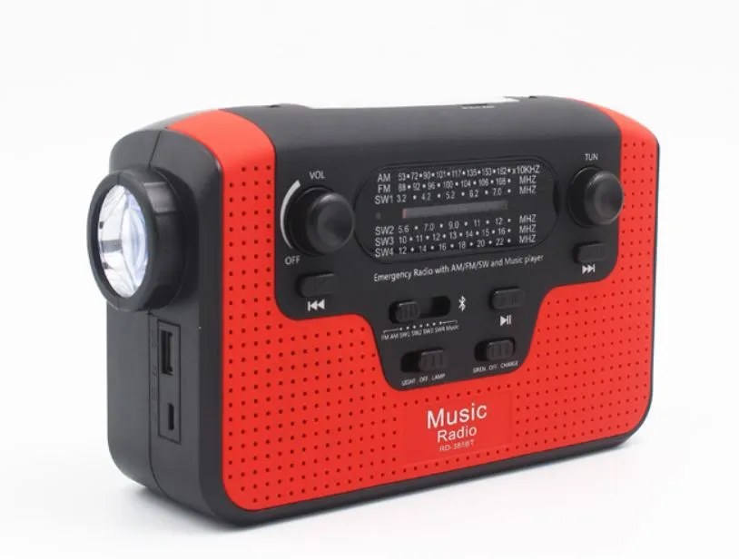 Portable Solar Radio FM Am Hand Crank Självdriven LED ficklampa + Bluetooth-högtalare + USB SD-kort Cellphone Charger Emergency Survival Radio