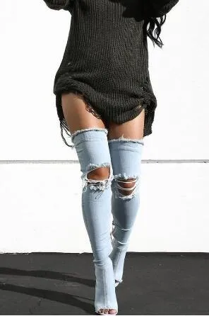 2018 Denim Jeans Peep Toe Women Thigh High Boots Sexy Cutout High Heels Gladiator Sandals Summer Boots Over Knee Motorcycle Boots