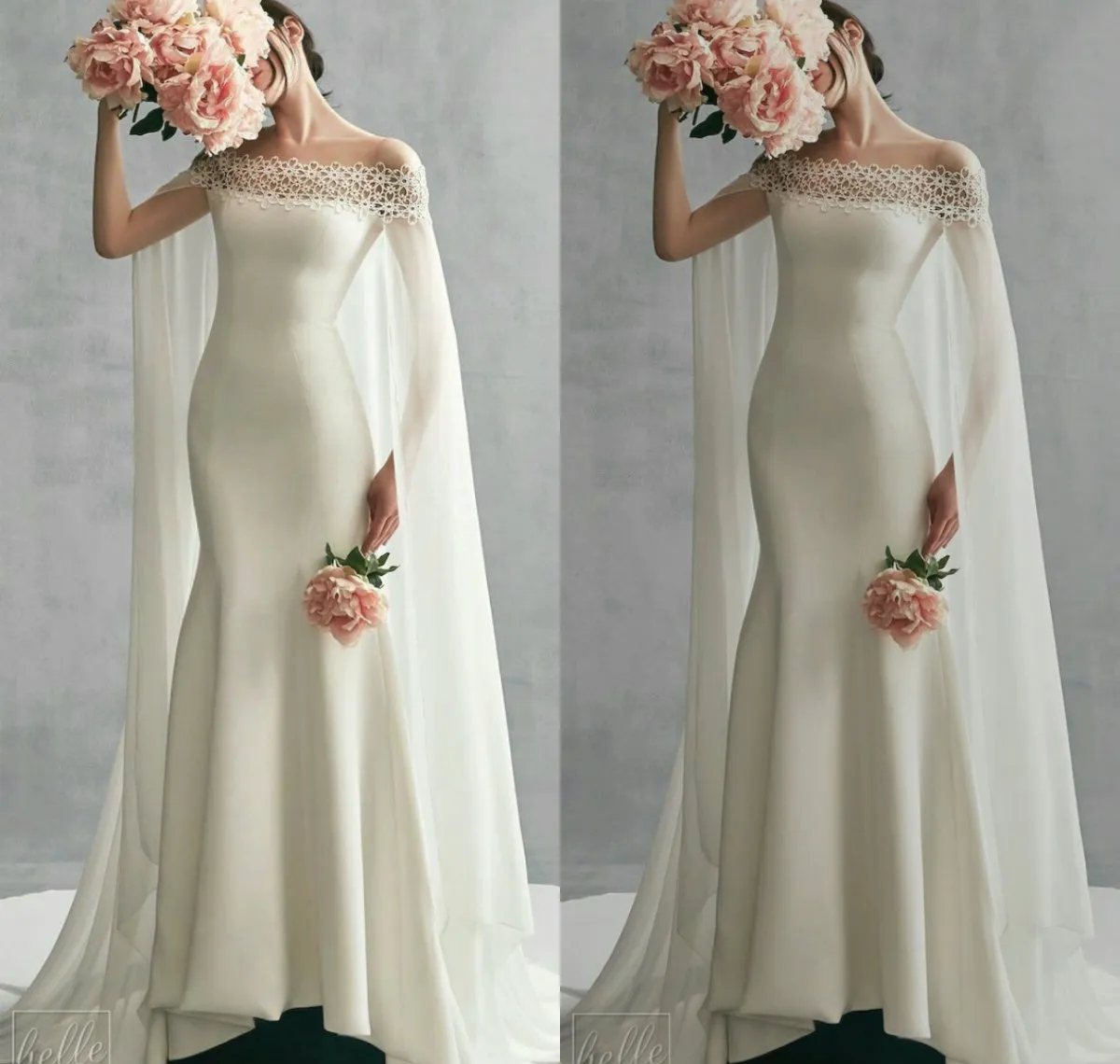 Vestido De Noiva De Sereia De Cetim Com Ombro De Chiffon Cape