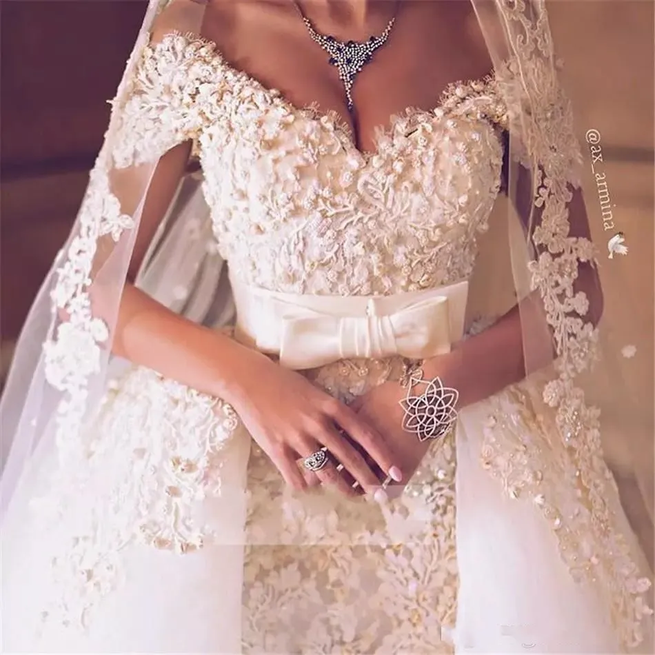 Luksusowe arabskie suknie ślubne z odpinaną spódnicy aplikacje z koralikami perłami Dubaj suknia ślubna plus rozmiar suknie ślubne Robe de Mariee