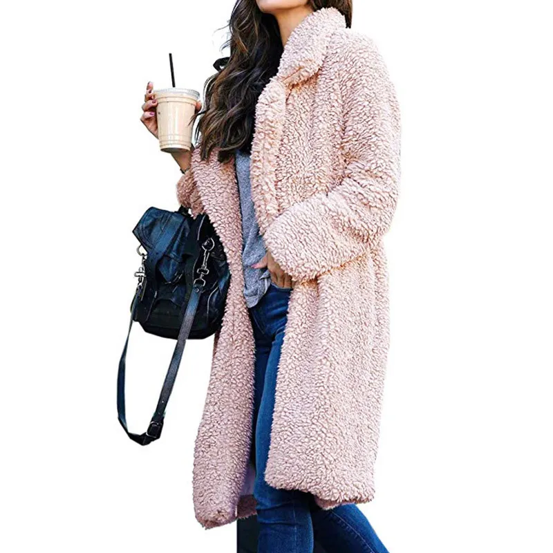 Abrigo de piel de cordero cálido de invierno para mujer, abrigo de piel sintética largo informal de manga larga, prendas de vestir de invierno, chaquetas cálidas para mujer, Parka de peluche para mujer