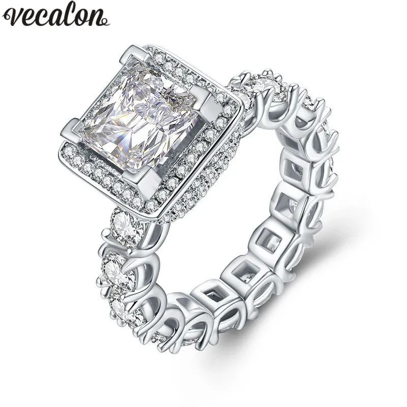 Vecalon Anello di lusso con montatura Full Pave 5A Zircone Diamante 925 Anelli di fidanzamento in argento sterling Fedi nuziali per regalo da donna
