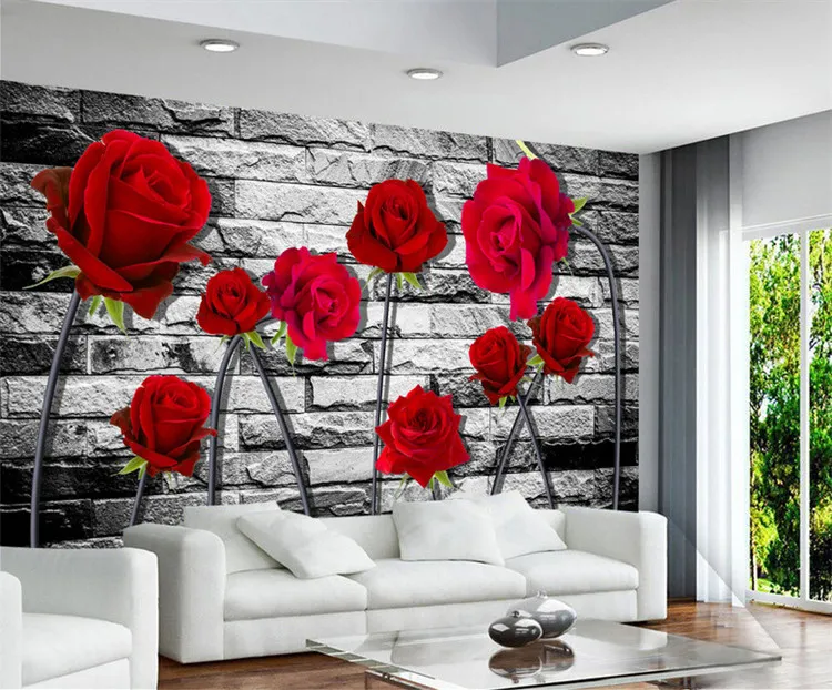 Personalizado Murais de Parede Foto 3D Estereoscópico Em Relevo Papel De Parede Não-tecido Rosa Vermelha Papéis De Parede De Tijolo Home Decor Sala de estar Quarto