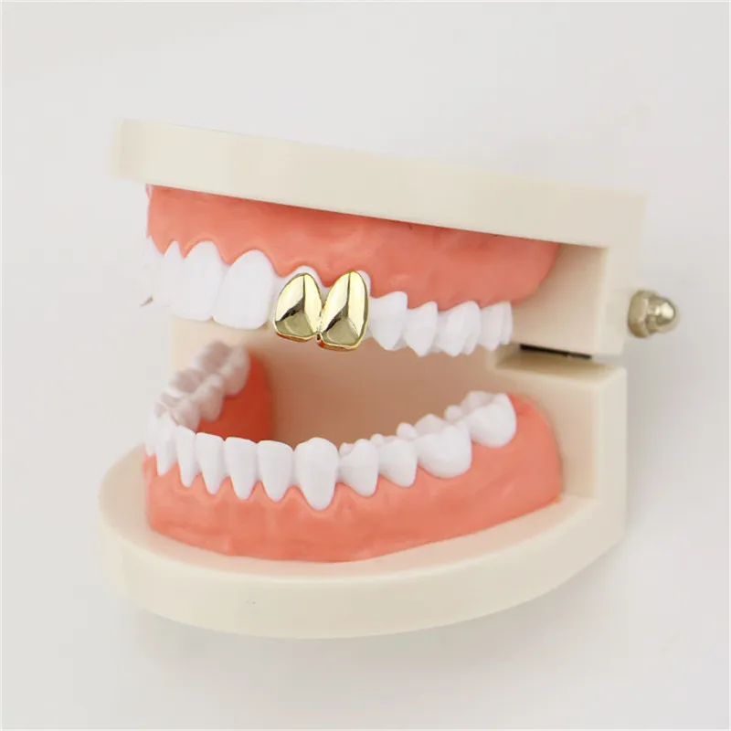 وصل جديد مزدوج قبعات 18K الذهب الأصفر اللون مطلي GRILLZ الناب عادي اثنين من الأسنان حق الأعلى احدة قبعات الشوايات