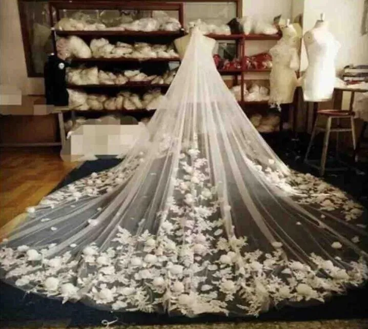 3D Floreale 3M Cattedrale Lunghezza Lungo Bianco Avorio Beige Champagne Veli da sposa da sposa con pettine Tulle e applicazioni in pizzo 2019 Nuovo economico caldo