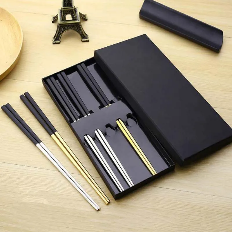 Hela 304 rostfritt stållegeringar av ätpinnar Höggradsskärm Black Gold och Silver Square Nonslip Gilded Chopsticks6456429