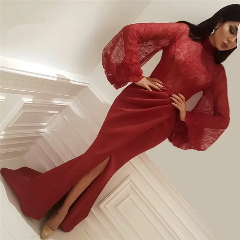 Высокая Шея Мусульманские Вечерние Платья 2018 Красный Русалка С Длинными Рукавами Кружева Топ Щелевая Русалка Пром Платье Sexy Dubai Saudi Arabic Long Party Платье