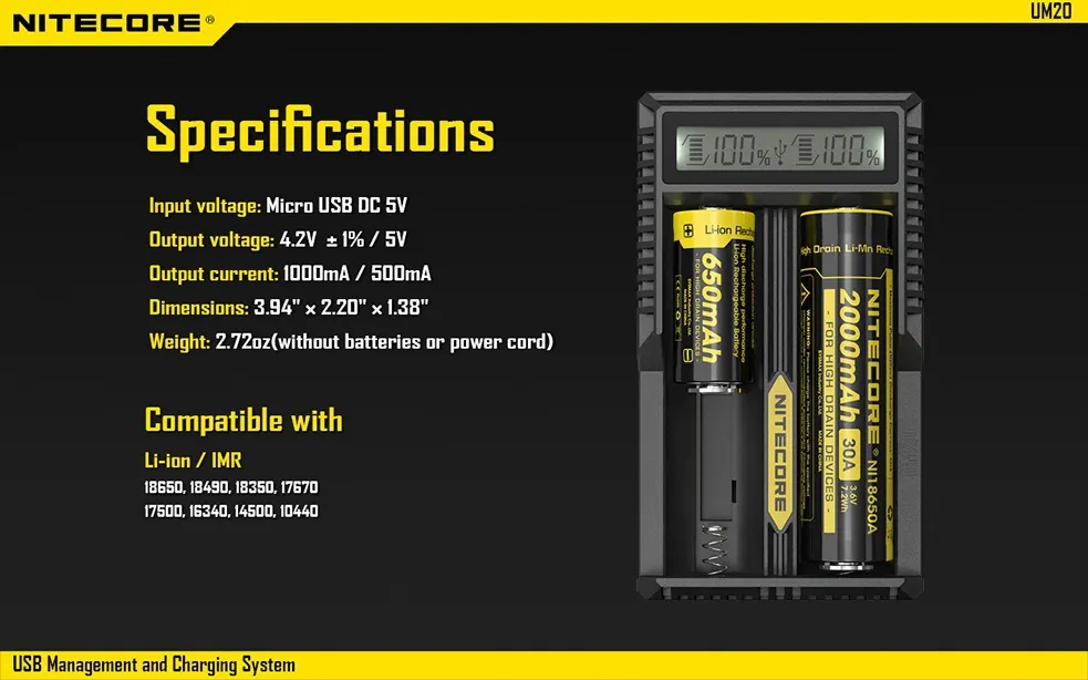 Original Nitecore UM20 Smart Batterie Ladegerät LCD Display Batterie Ladegerät Universal Nitecore Ladegerät mit usb kabel 18650 20 teile/los