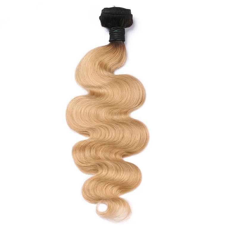 Honey Blonde Ombre девственницы индийский Пучки волос с 13x4 Кружева Фронтальная Закрытие тела волна 1B / 27 Ombre ткет волос с Full Frontals