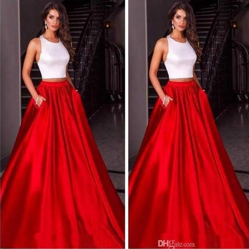 Halter Luxury Red Skirt Two Pieces Prom Dresses Satin Custom Formal Underpart Dresses Evening Wear A Line Sleeveless Party Gowns
