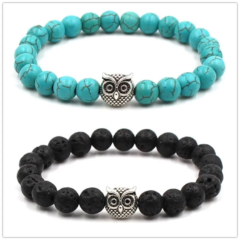 Bracelet de charme en pierre de lave noire naturelle turquoise hibou Bracelet en céramique de diffuseur d'huile essentielle vaolcano pierre