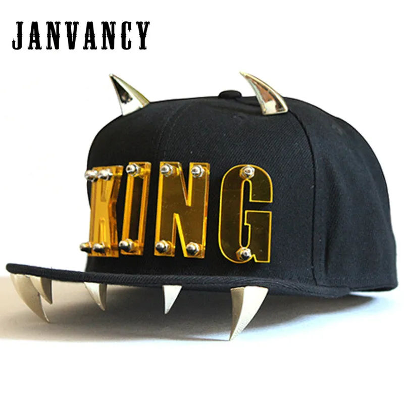 Janvancy Punk KING Berretti da baseball Uomo Donna Danza Spettacoli Aike Lettera Hip Hop Snapback Cappello piatto con corna