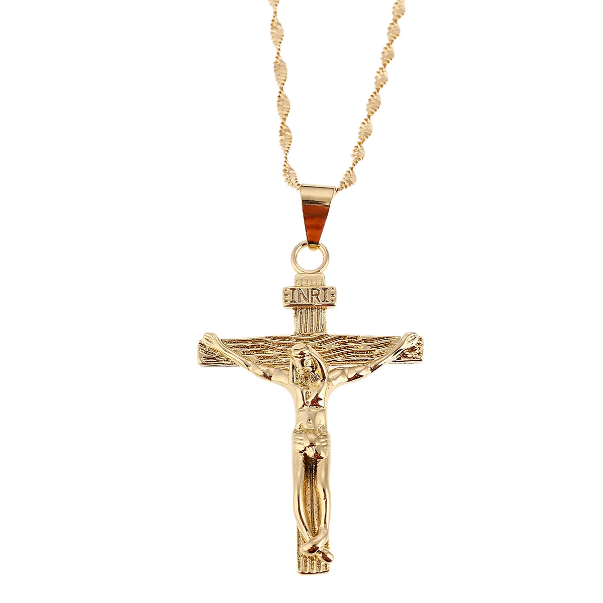 24K Gold Jesus Kreuz Halskette Religion Kruzifix INRI Anhänger Schmuck