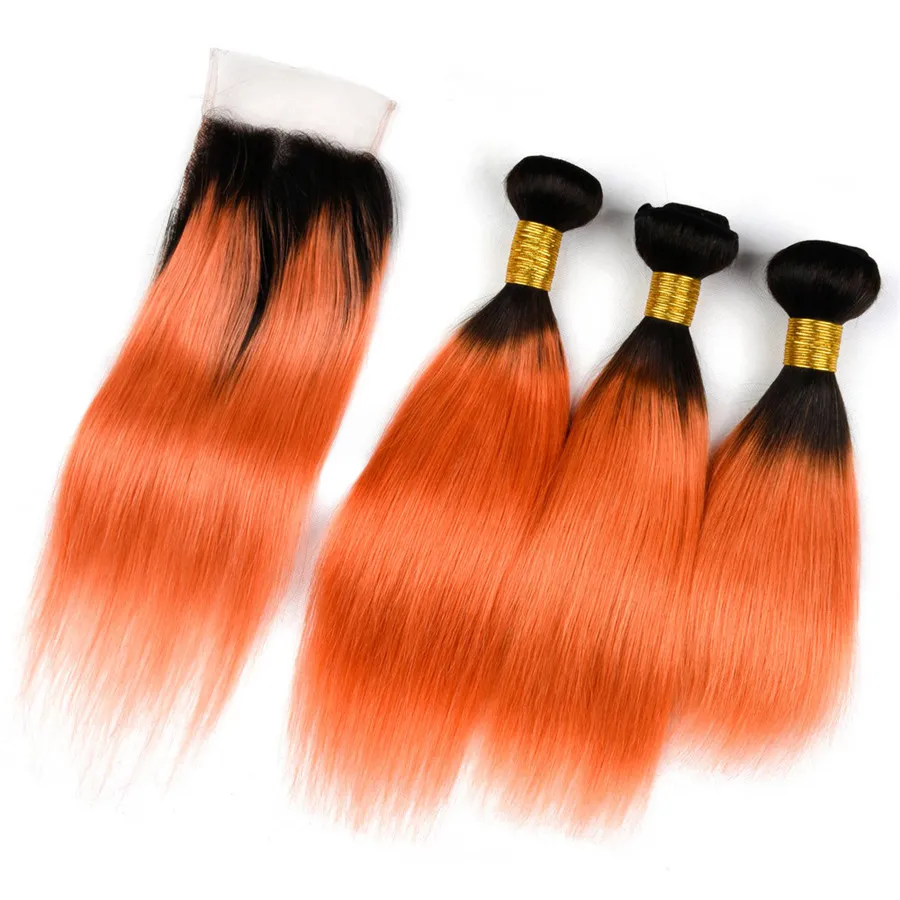 Ombre 1b 350 Cor Laranja Fechamento Rendas Com Feixes de Seda Em Linha Reta Cabelo Humano Tece Com Fechamento Rendas 4 Pçs / lote Cabelo Virgem Russa