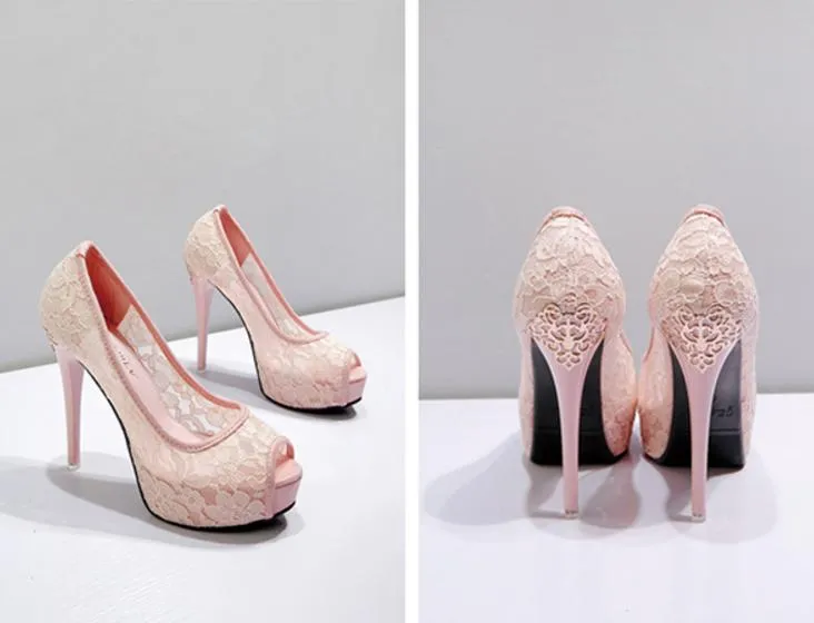 Sweet Pink White Lace Wedding Shoes 2018 Sexy Lady High Platform Heels Ankle Strappy Pumps Size 34 To 39