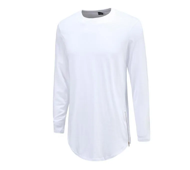 New Trends Men T shirts Super Longline Long Sleeve T-Shirt Hip Hop Arc hem With Curve Hem Side Zip Tops tee