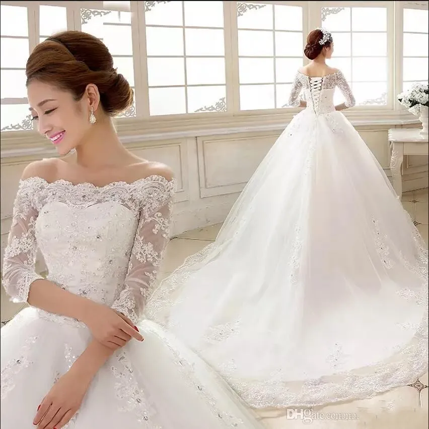 Barco elegante 2018 White Lace Vestidos de casamento Neck 3/4 mangas A-linha de trem da varredura Lace-up Plus Size Bridal Vestidos de casamento