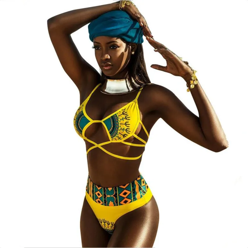 US African Black Girls Sexy Swimwear Yellow Cartoon Print Lady Sea Beach Bikini Split Swimwear Straps Tie Belts Elastic Adjustable Size