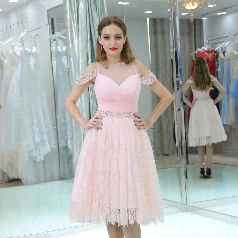 Härlig rosa spets brudtärna klänningar knä längd mjuk tulle med beading paljetter bröllopsfest klänningar billigt
