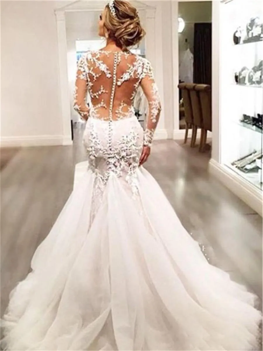 Illusion Bodycon Mermaid Wedding Dresses Sexy Sheer Neck Long Sleeve