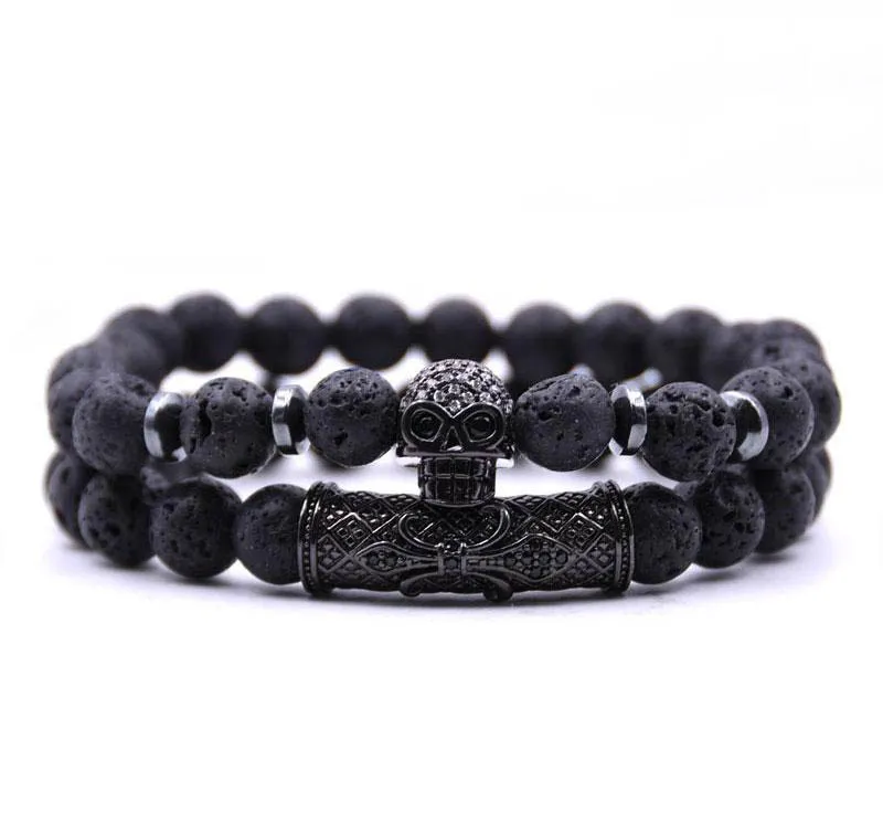 Varm försäljning 2st / set svart färg skalle huvud lava turkos natursten pärlor män armband smycken set charm armband