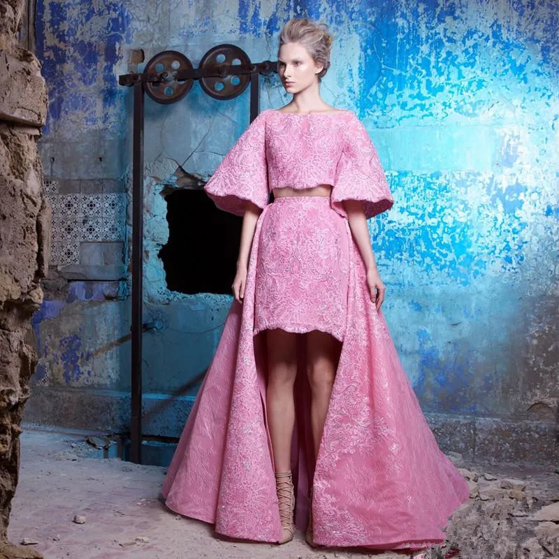 2019 Krikor Jabotian Due pezzi Prom Dresses con gonna staccabile Bateau Neck Pink Pageant Gowns Cheap Overskirt Evening Dress Sleeves