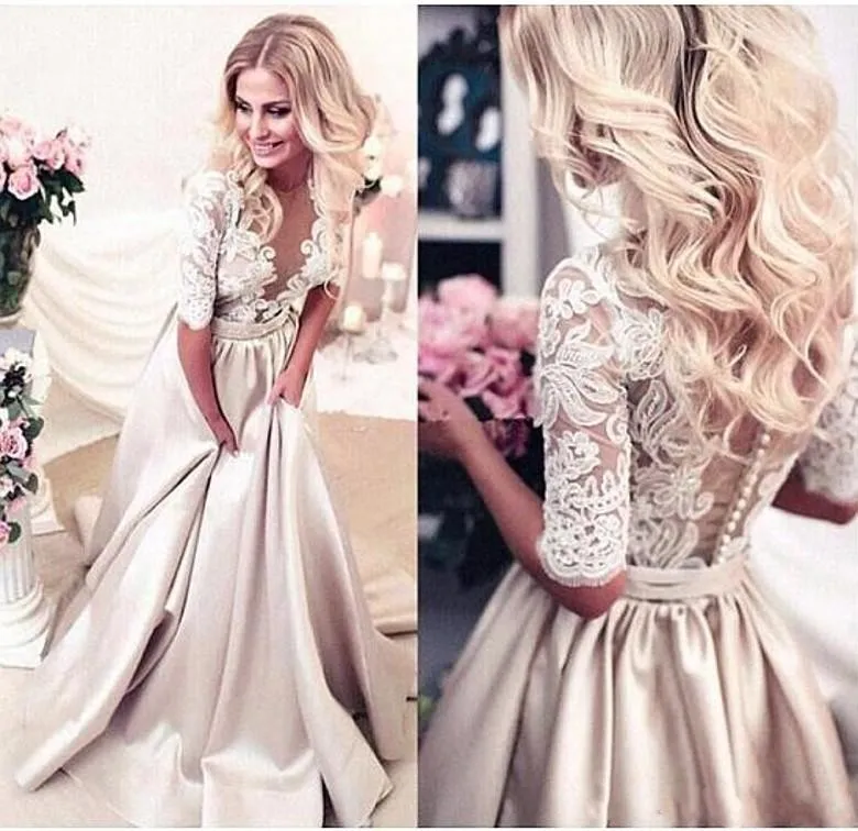 2018 Tanie szampana Suknie ślubne Sheer Neck Połowa Rękawy Aplikacje Koronki Satynowe Suknie Ślubne Linii Patrz przez Back Button Bridal Sukienka