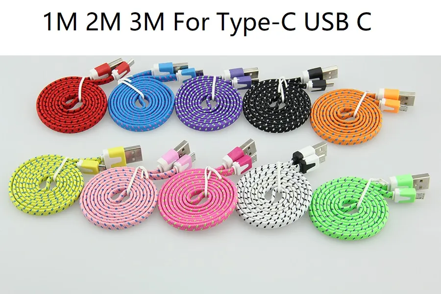 1M 2M 3M Colorful New Flat Noodle Fabric Nylon Braided Type-C USB C Cable for Samsung For Blackberry for HTC Cloth braided cable 100pcs