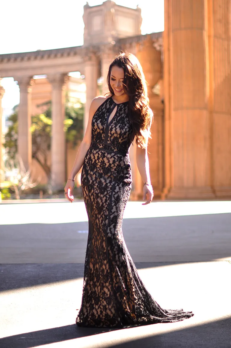 Black lace dress clearance with tan underneath