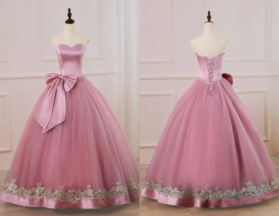 Or dentelle pas cher robes de Quinceanera poussiéreux Rose chérie Tulle arcs dos nu froncé Simple pas cher longue bal doux 16 robe robes 15 anos