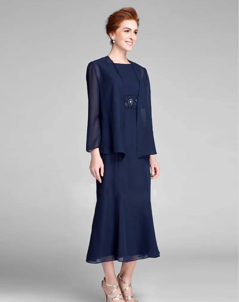 Navy Blue Beaded Chiffon mother of bride pantsuits with - Long Sleeve Prom Gown for Plus Size Mothers