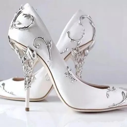 Ornamental Filigree Leaves Spiralling Naturally Up Heel White Women Wedding Shoes Chic Satin Stiletto Heels Eden Pumps Bridal208R