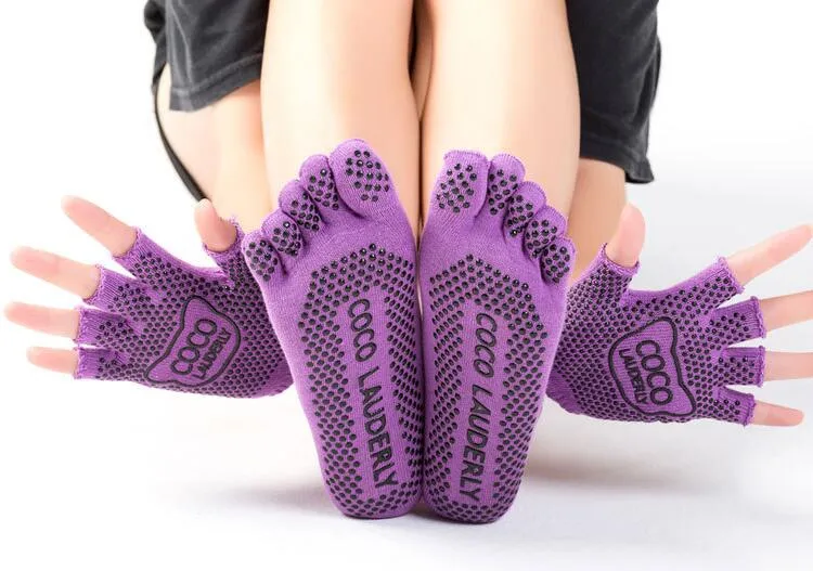 Ensemble de chaussettes et gants de yoga pour femmes et filles, chaussettes de pilates, Massage à cinq orteils, fitness, crossfit, sport, 3995650