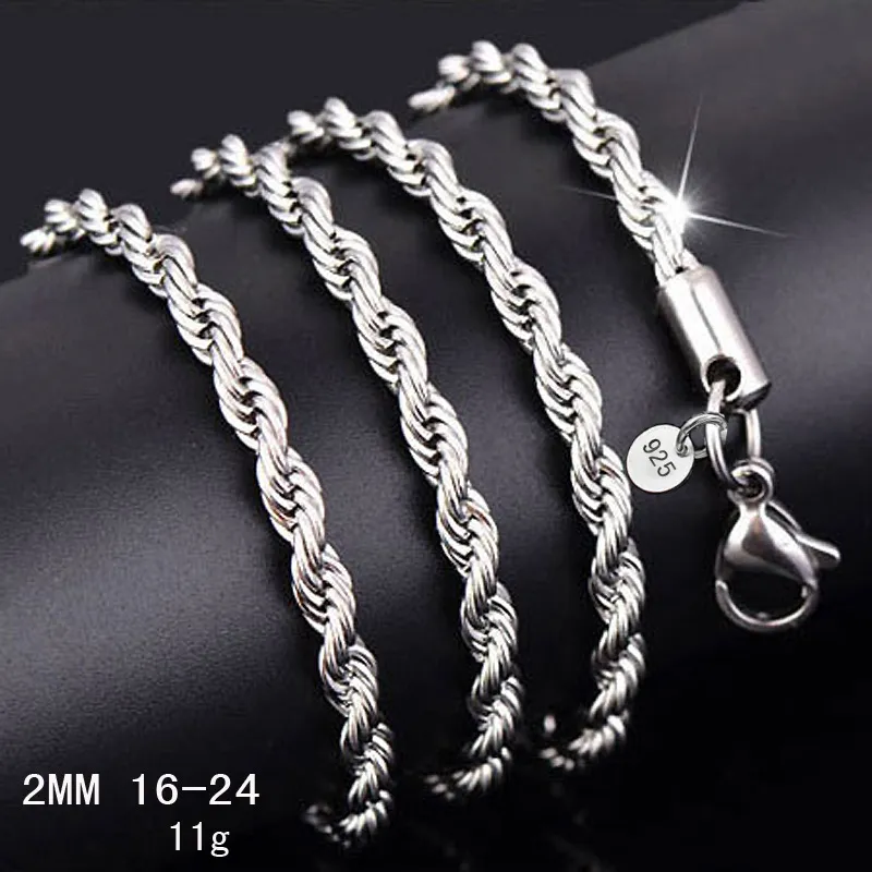 16-30 cali 2MM 925 sterling silver skręcona lina naszyjnik łańcuch dla kobiet mężczyzn moda DIY biżuteria luzem