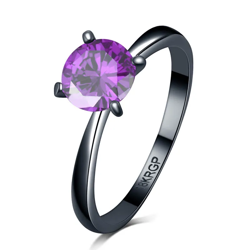 Bague en zircon de qualité supérieure Couleur violet / vert / rouge 7 mm avec clou à 4 pattes Bague d'amoureux remplie d'or noir pour femmes Vente en gros 021746