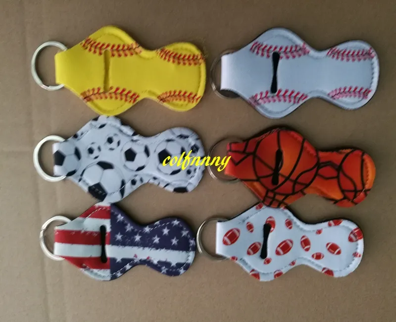 Flag Softball basket ball foot ball Baseball Printed Neoprene Chapstick Keychain Holder case bag Party Holiday Gifts